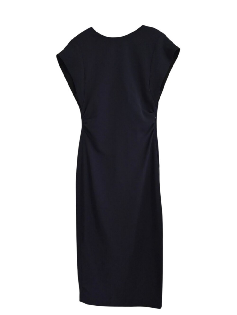 Zara Navy Ruched Waist Midi Sheath Dress Cap Sleeve Office Size Small - Picture 2 of 8